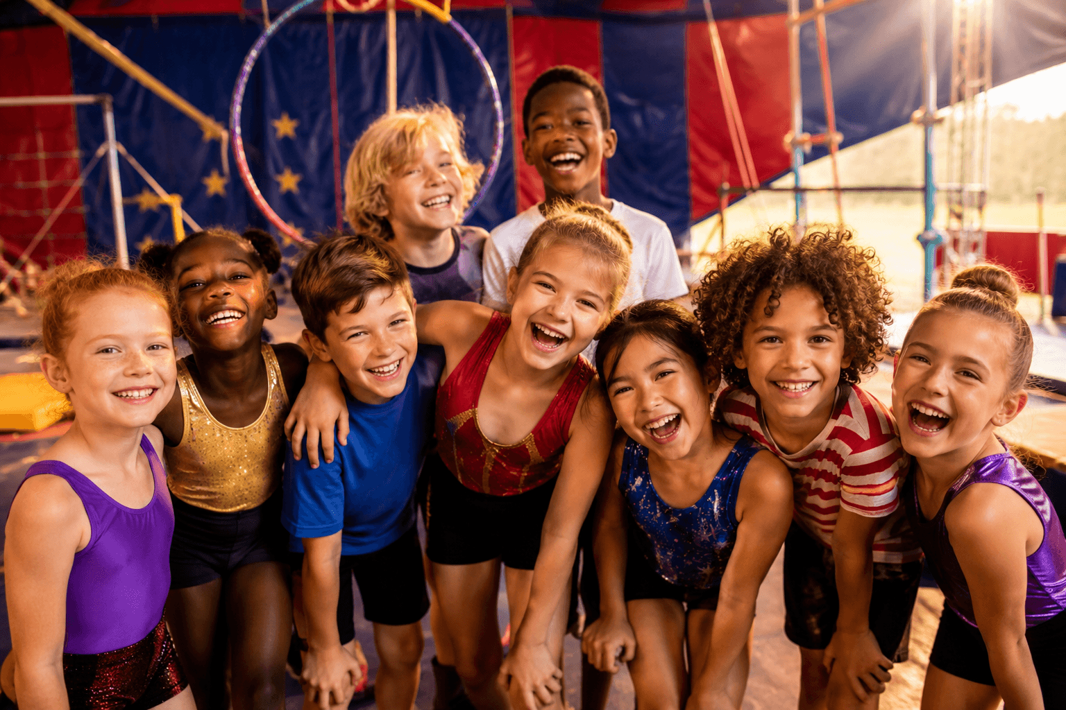 Fröhliche Kindergruppe im Circus Camp